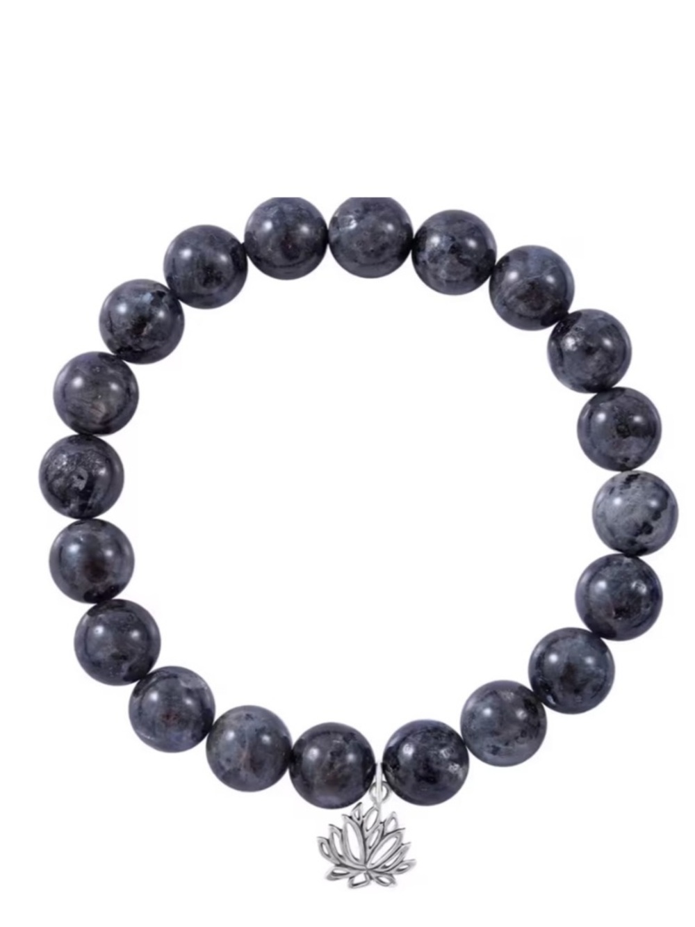 Black Labradorite Beaded Stretch Bracelet with Rose Charm in Sterling Silver